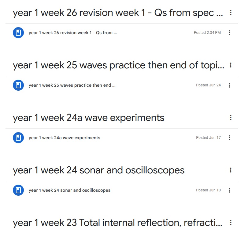 Google Classroom screenshot showing some scheduled physics lessons.